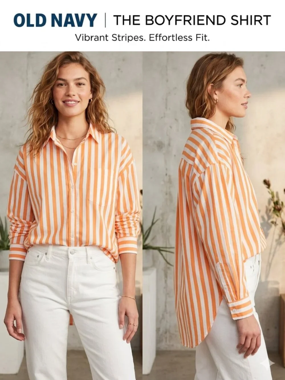 NWT Old Navy The Boyfriend Shirt Orange White Striped Button Down Women's Size L - Picture 1 of 6